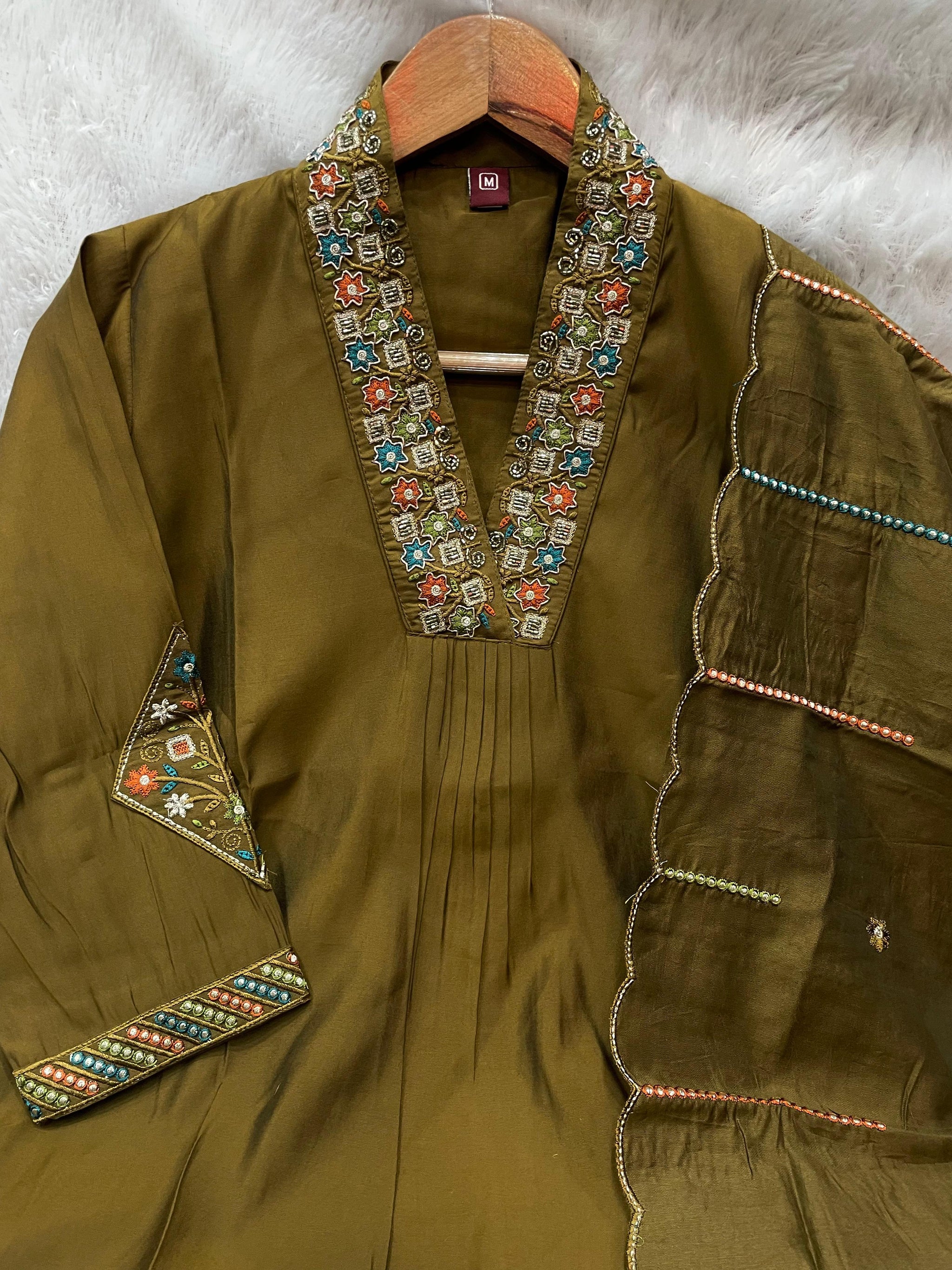 Festive Premium Viscose Silk Kurti Pant Dupatta Set with Embroidery Sequins and Hand Work – 3 Piece Ethnic Suit for Women