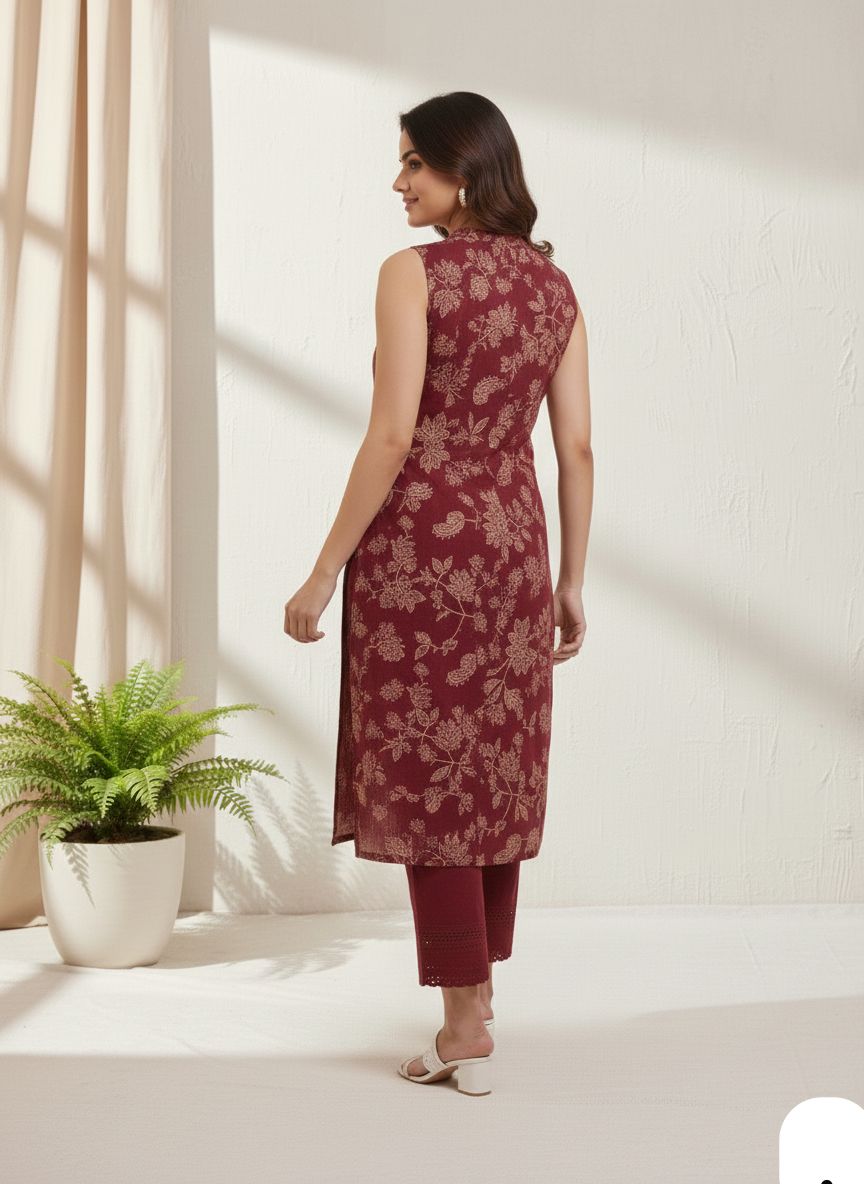 Digital Print Sleeveless Kurti with Chikankari Self Design Bottom Set – Knee Length Ethnic Wear for Women