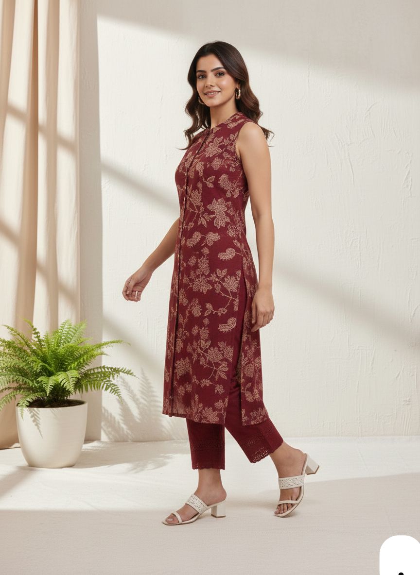 Digital Print Sleeveless Kurti with Chikankari Self Design Bottom Set – Knee Length Ethnic Wear for Women