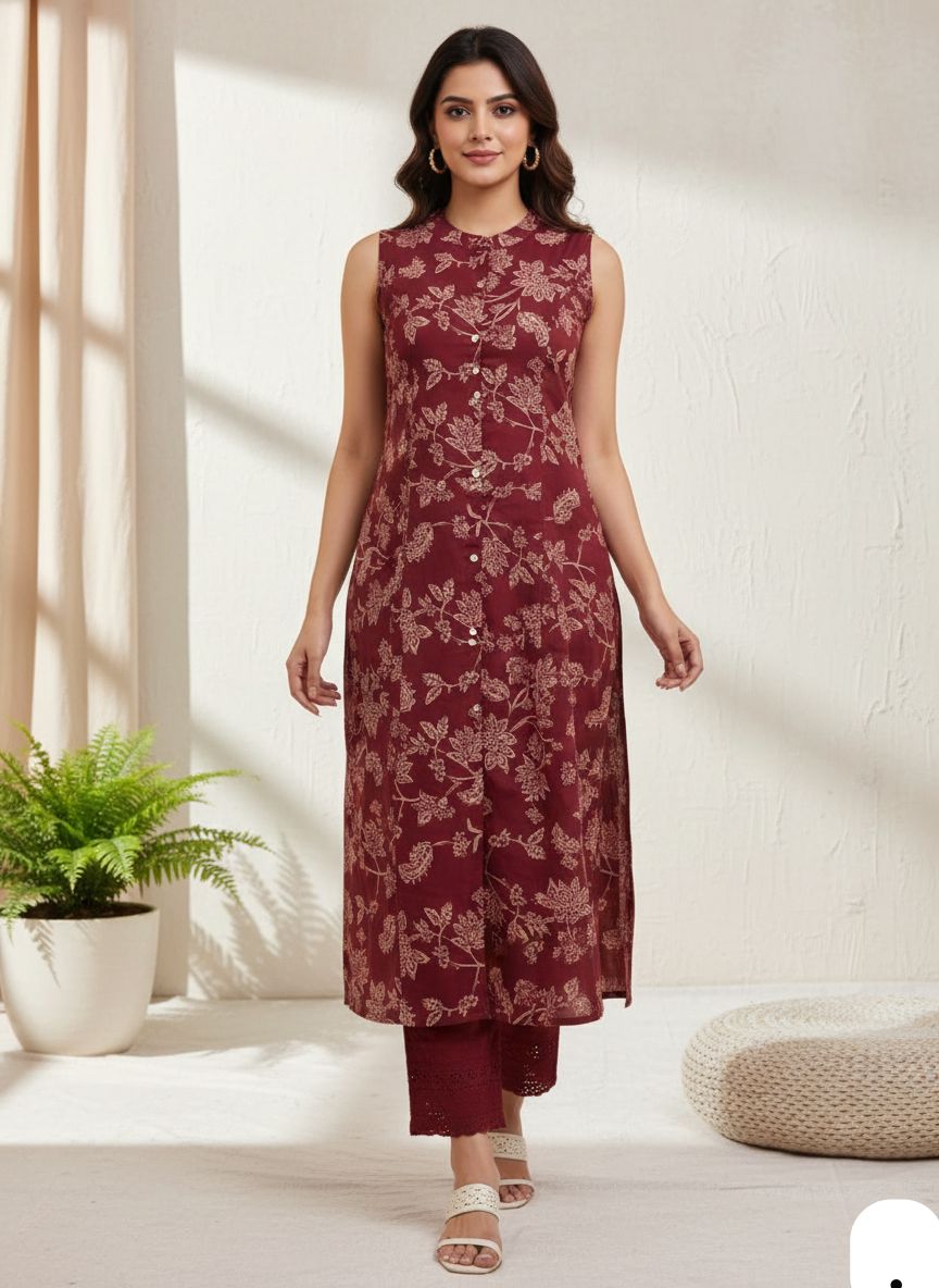 Digital Print Sleeveless Kurti with Chikankari Self Design Bottom Set – Knee Length Ethnic Wear for Women