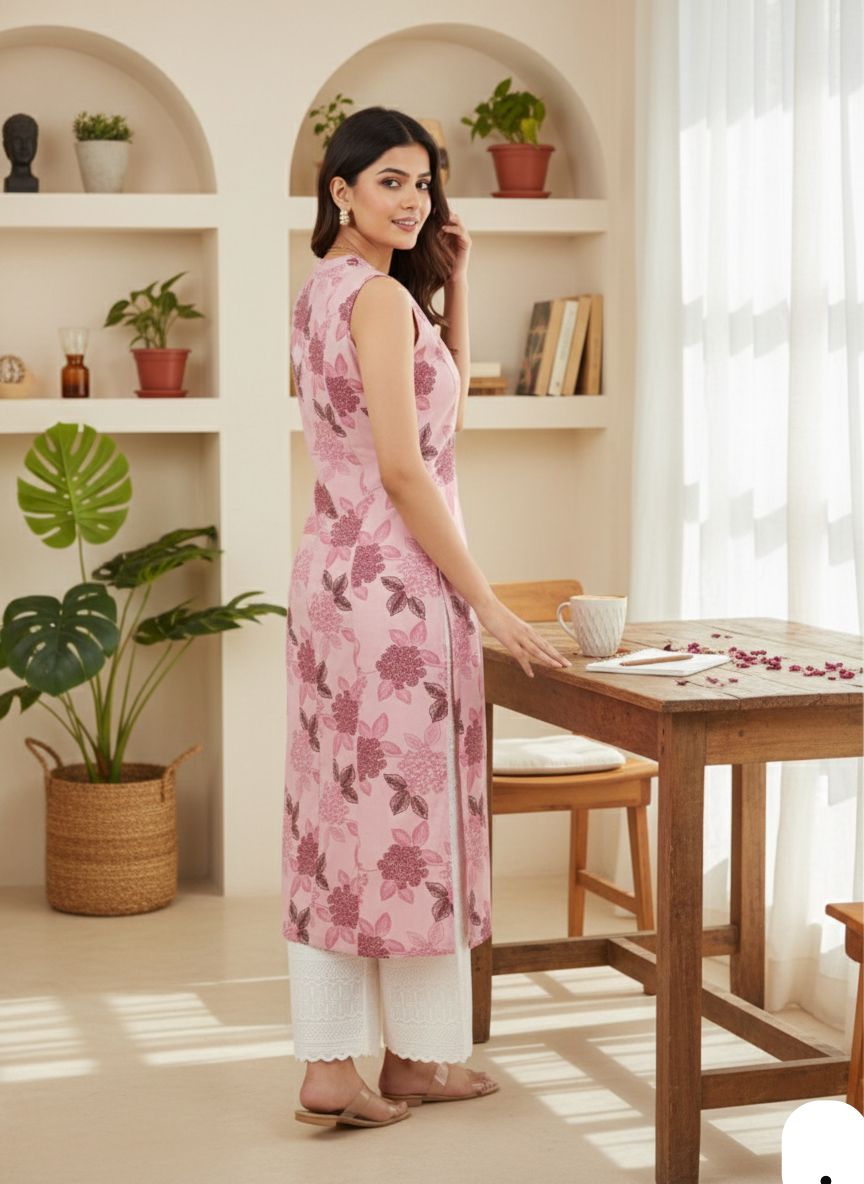 Digital Print Sleeveless Kurti with Chikankari Self Design Bottom Set – Knee Length Ethnic Wear for Women
