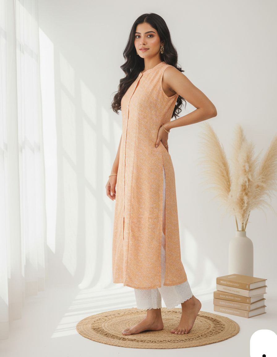 Digital Print Sleeveless Kurti with Chikankari Self Design Bottom Set – Knee Length Ethnic Wear for Women