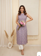 Digital Print Sleeveless Kurti with Chikankari Self Design Bottom Set – Knee Length Ethnic Wear for Women