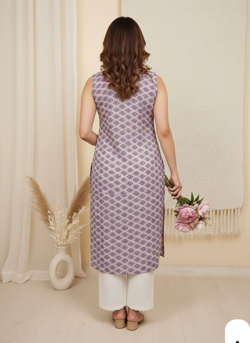 Digital Print Sleeveless Kurti with Chikankari Self Design Bottom Set – Knee Length Ethnic Wear for Women