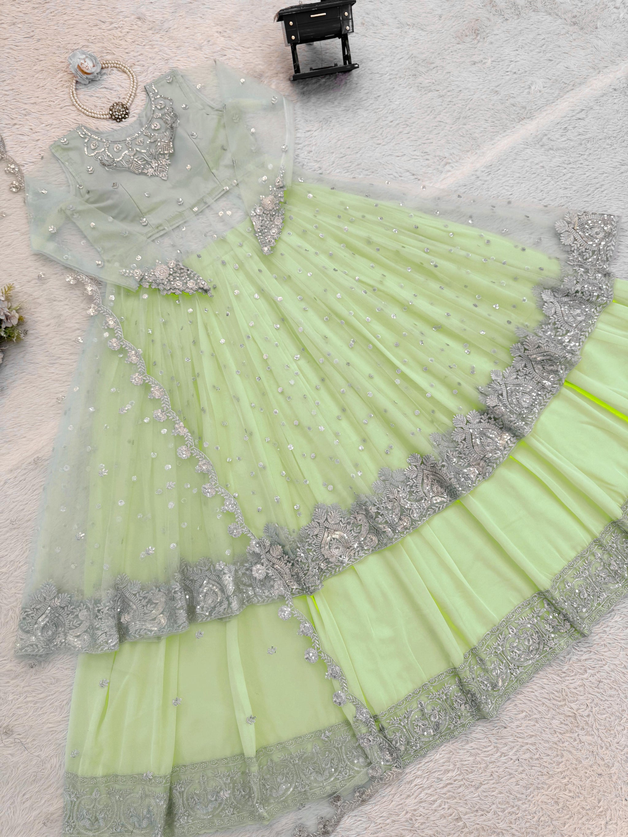 Faux Georgette Gown Lehenga Set with Sequin Work for Women Festive Wear Style
