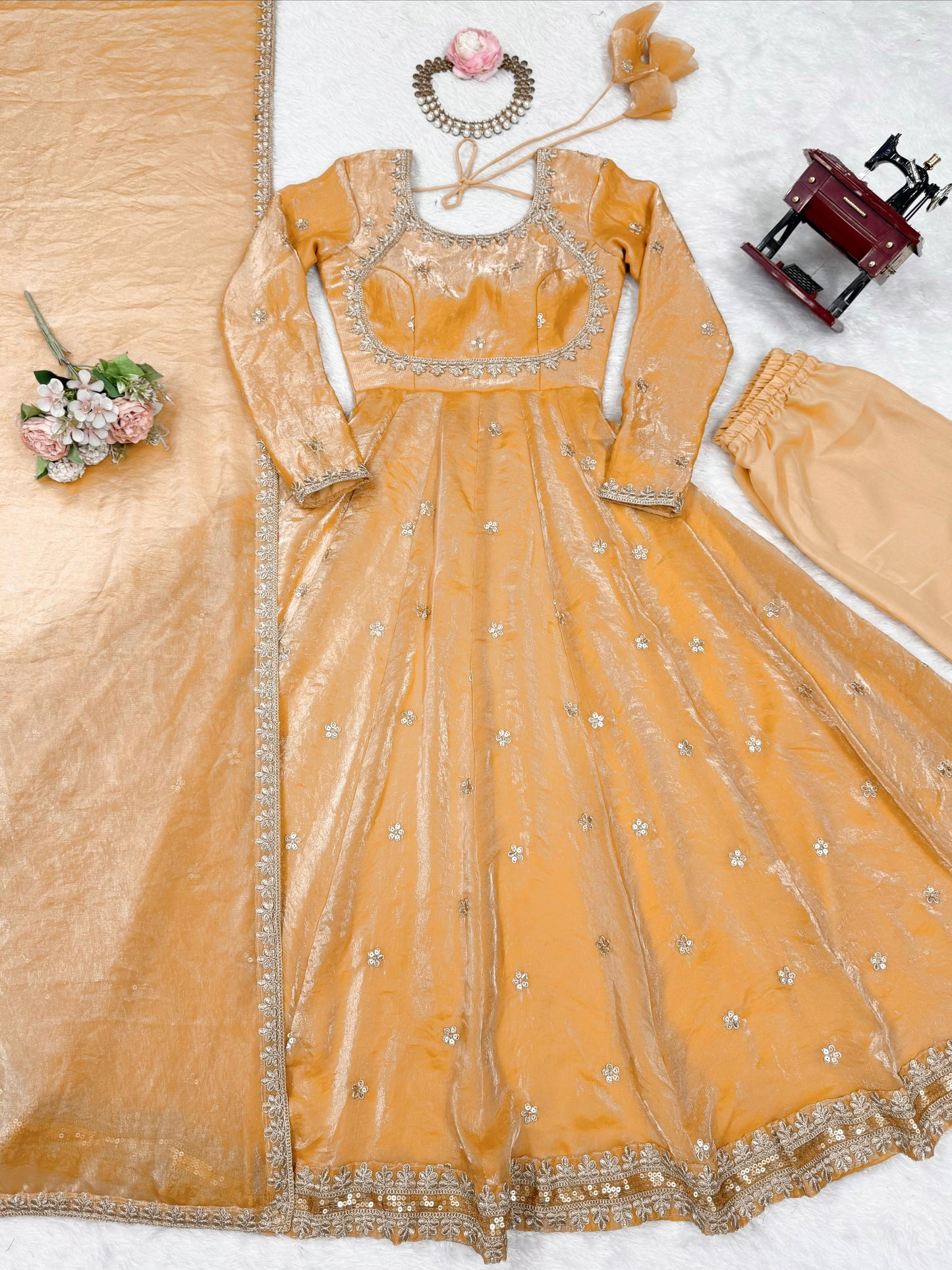 Fandy Silk Embroidered Gown Set with Pant & Dupatta – Sequence Work Party Wear