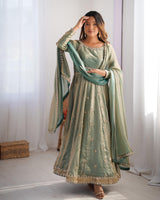 Fandy Silk Embroidered Gown Set with Pant & Dupatta – Sequence Work Party Wear
