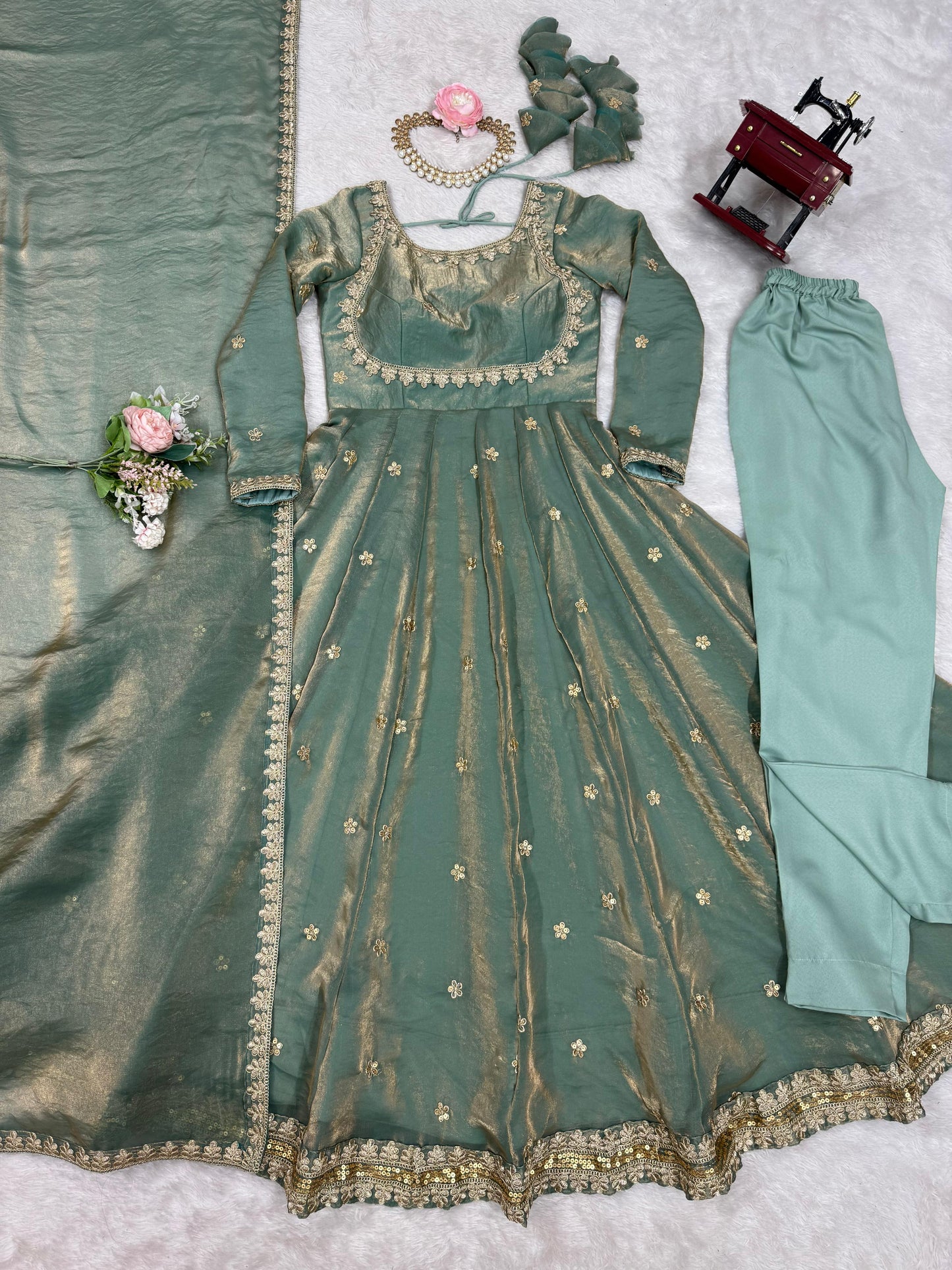 Fandy Silk Embroidered Gown Set with Pant & Dupatta – Sequence Work Party Wear