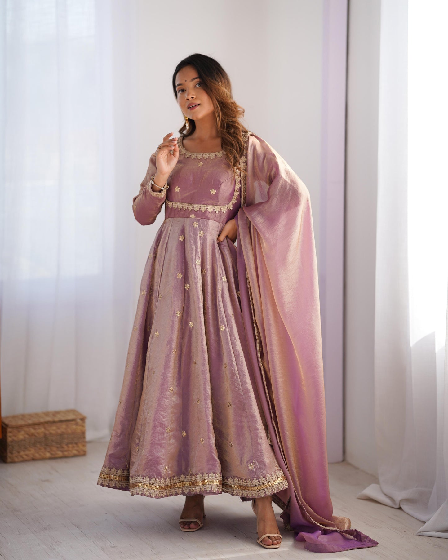 Fandy Silk Embroidered Gown Set with Pant & Dupatta – Sequence Work Party Wear