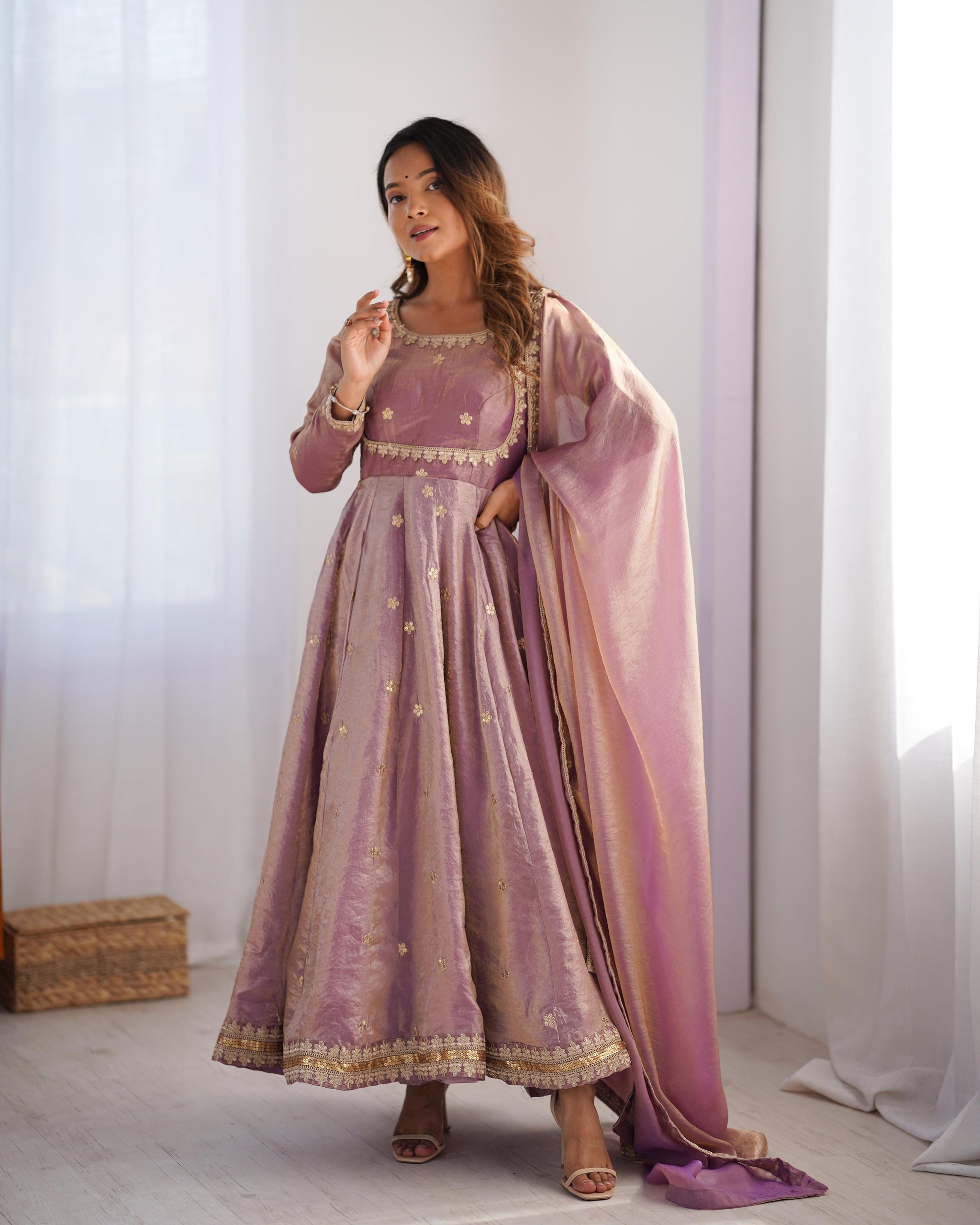 Fandy Silk Embroidered Gown Set with Pant & Dupatta – Sequence Work Party Wear