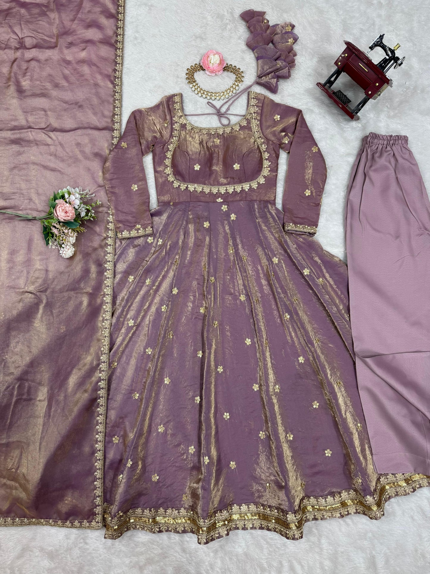 Fandy Silk Embroidered Gown Set with Pant & Dupatta – Sequence Work Party Wear