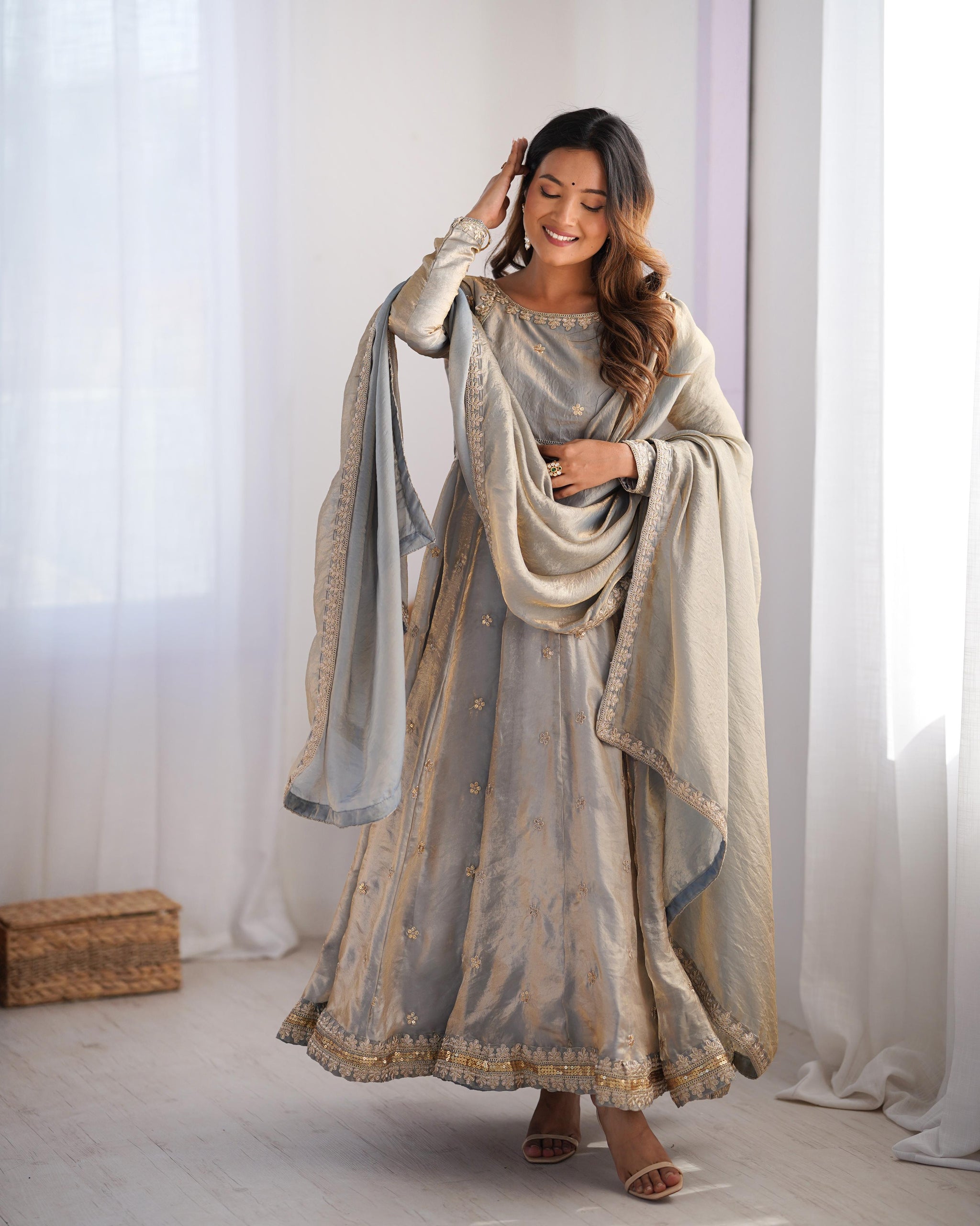 Fandy Silk Embroidered Gown Set with Pant & Dupatta – Sequence Work Party Wear
