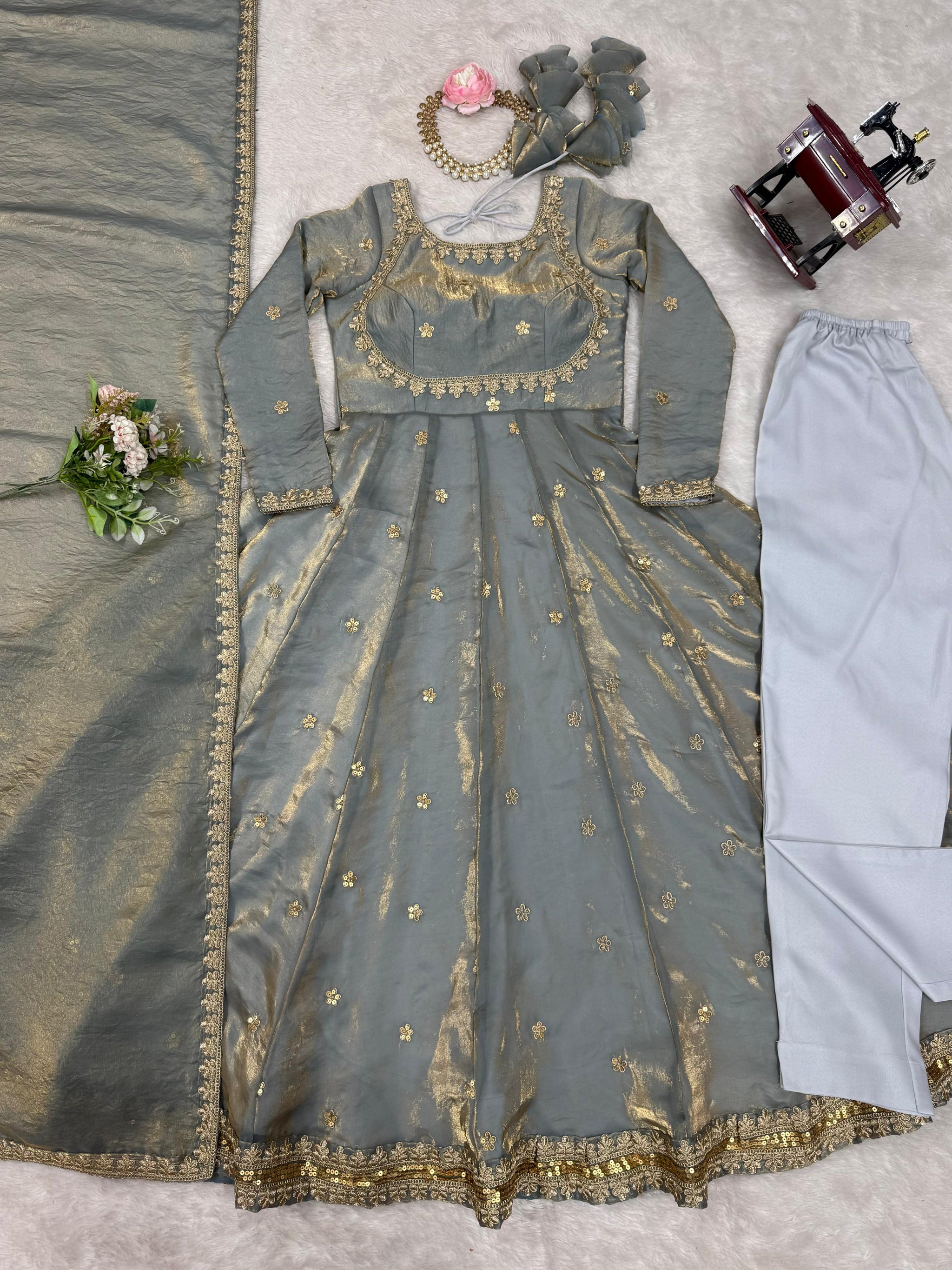 Fandy Silk Embroidered Gown Set with Pant & Dupatta – Sequence Work Party Wear